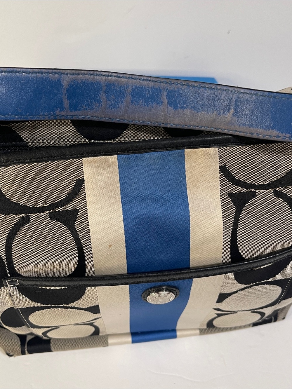 Coach Heritage Stripe Tote F14477 Y2K Signature C Shoulder Bag Black Blue White - Picture 6 of 16